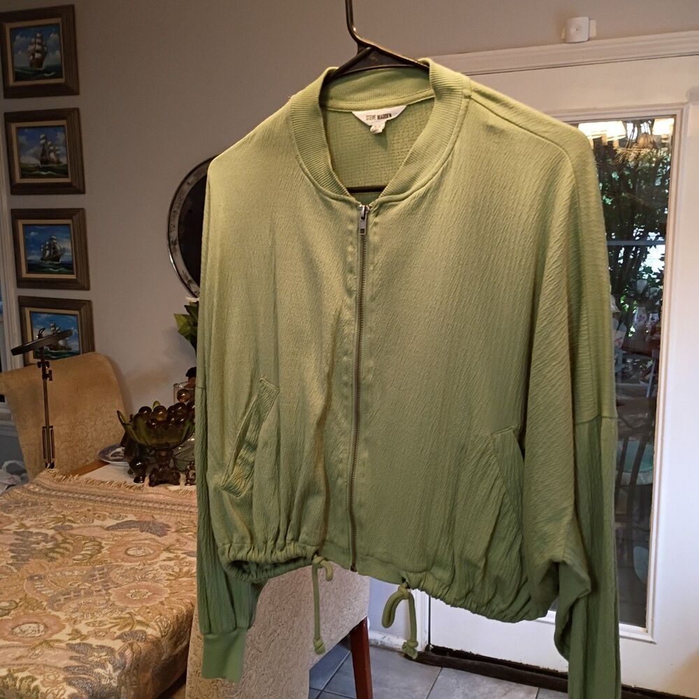 Steve Madden Green Crinkle Drawstring Cropped Bomber Jacket XS